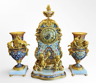 19th C. French Champleve Enamel Figural Bronze Clock Set, Signed