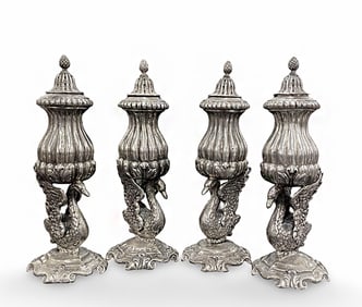 A Set of 4 German Silver Figural Salt/Pepper Shaker Swans, Signed