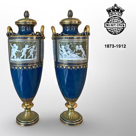 A Pair of 19th C. Mintons Pate-sur-Pate Blue Lidded Urns, Signed & Hallmarked