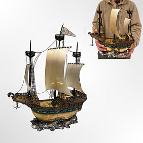 A Fine Austrian Hungarian Gilt Silver & Enamel Galleon Nef Ship Maquette