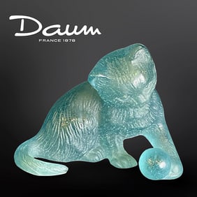 A French Daum Pate De Verre Art Glass Cat & Ball Figurine, Signed