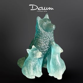 A French Daum Pate De Verre Art Glass Wolf & Pups Figurine Group, Signed