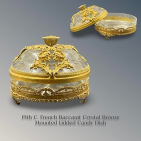 ?19th C. French Baccarat Crystal & Bronze Lidded Candy Dish