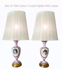A Pair of 19th C. French Hand Painted Pink Opaline Lamps