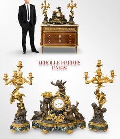 A Monumental ?19th C. LEROLLE FRERES Figural Bronze & Marble Clock Set, Signed