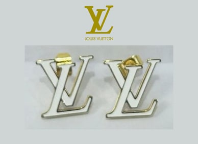 French LOUIS VUITTON LV Logo White Gold Color Earnings