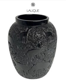 A Vintage French Lalique Black Art Glass Crystal Deer Biches Vase, Signed