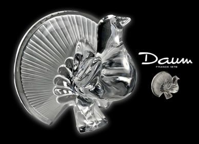 A Vintage French DAUM Heavy Clear Crystal Peacock Statue, Signed