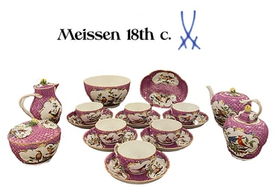 18th C. German Meissen Hand Painted Porcelain Tea Set, Hallmarked
