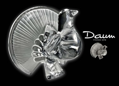 A Vintage French DAUM Heavy Clear Crystal Peacock Statue, Signed