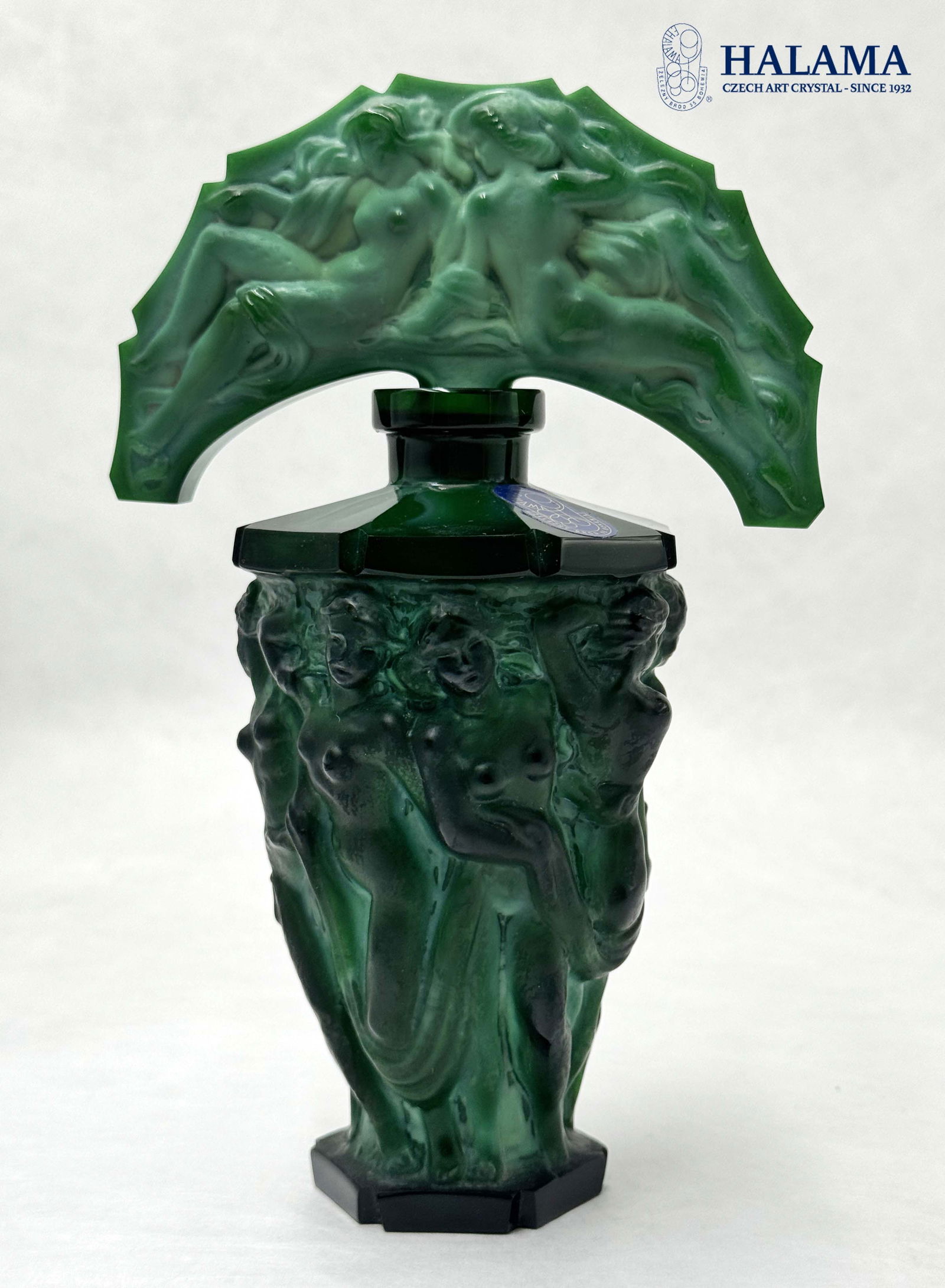 A Vintage Bohemian Frantisek Halama Figural Malachite Art Glass Lidded Perfume Bottle: A Vintage Bohemian Frantisek Halama Nude Ladies Figural Malachite Art Glass Lidded Perfume Bottle. produced by the Halama company in Zelezny Brod Czech Republic in the early 1990’s. Unused, new cond