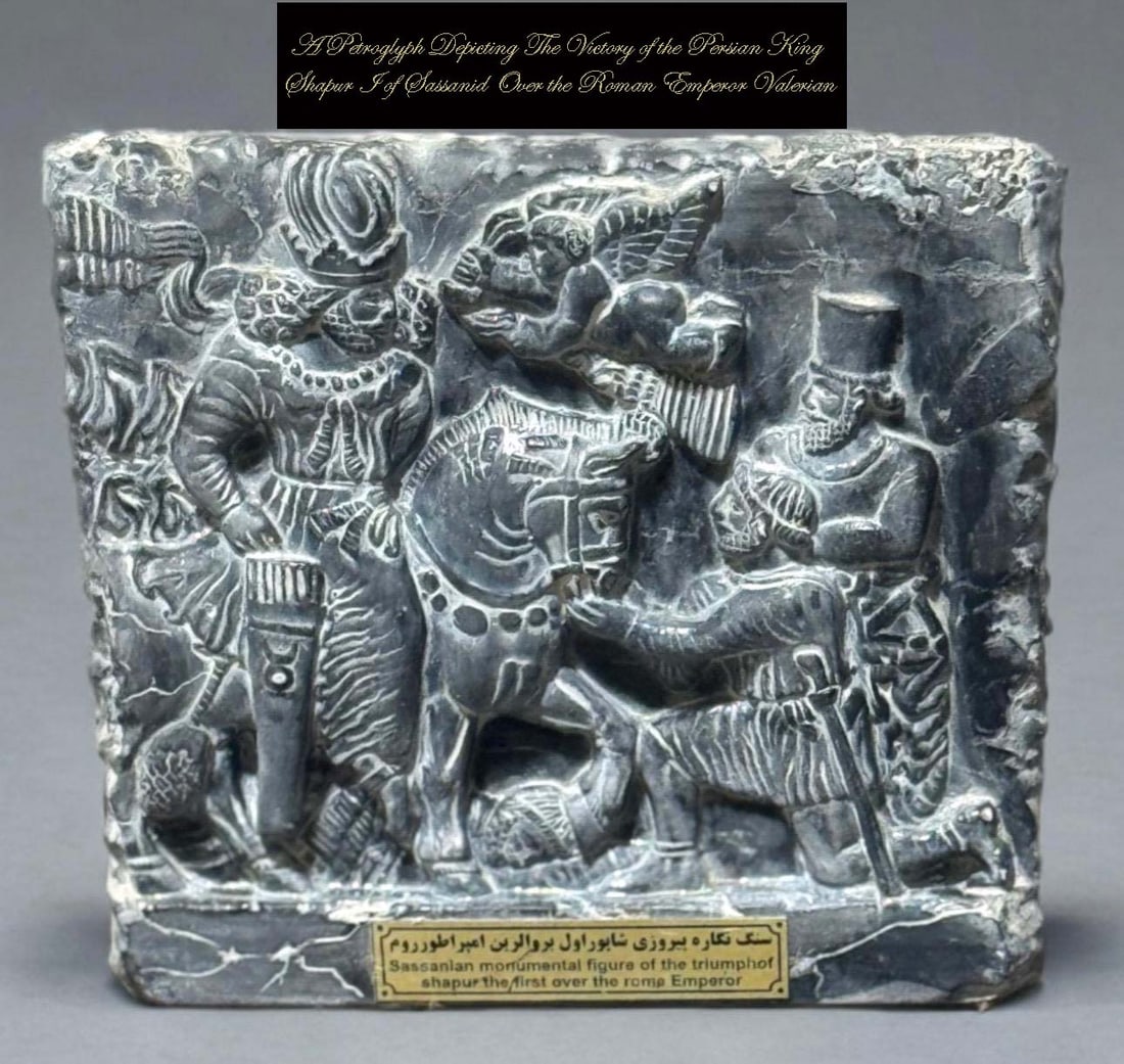 A Decorative Sculpted Petroglyph of Persian Sassanid King Shapur I Over Roman Empire: A Decorative Sculpted Petroglyph Depicting The Victory of the Persian King Shapur I of Sassanid Over the Roman Emperor Valerian (Bisotun, Kermanshah, Iran). 6.5" x 6.5"