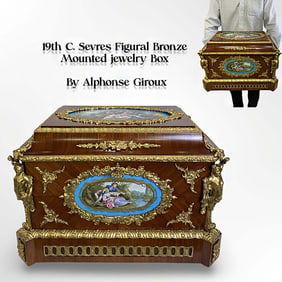 Very Large 19th C. Sevres Plaques Figural Bronze Jewelry Box, A. Giroux Signed