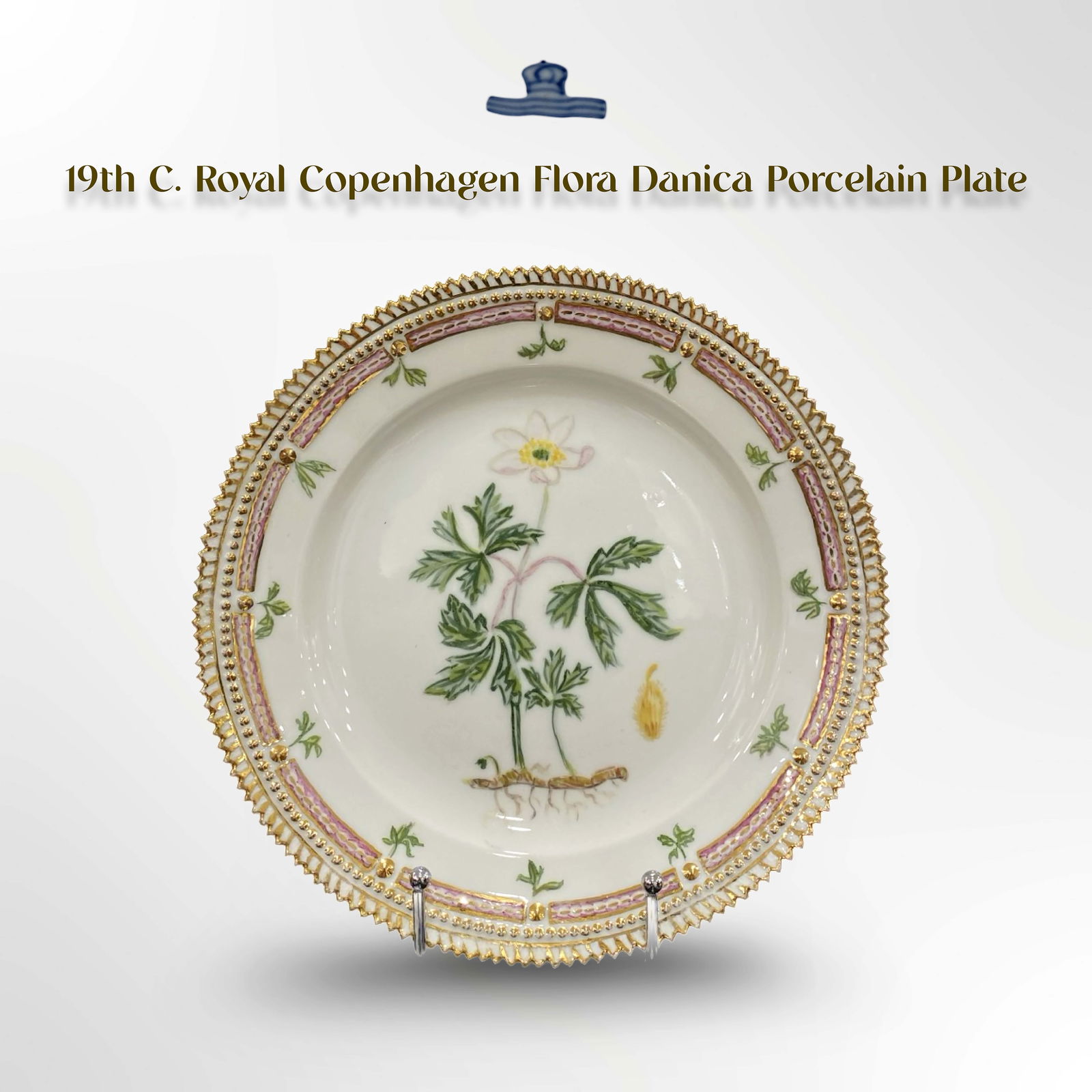 19th C. Royal Copenhagen Flora Danica Decorative Wall Plate, Signed (1 of 2)