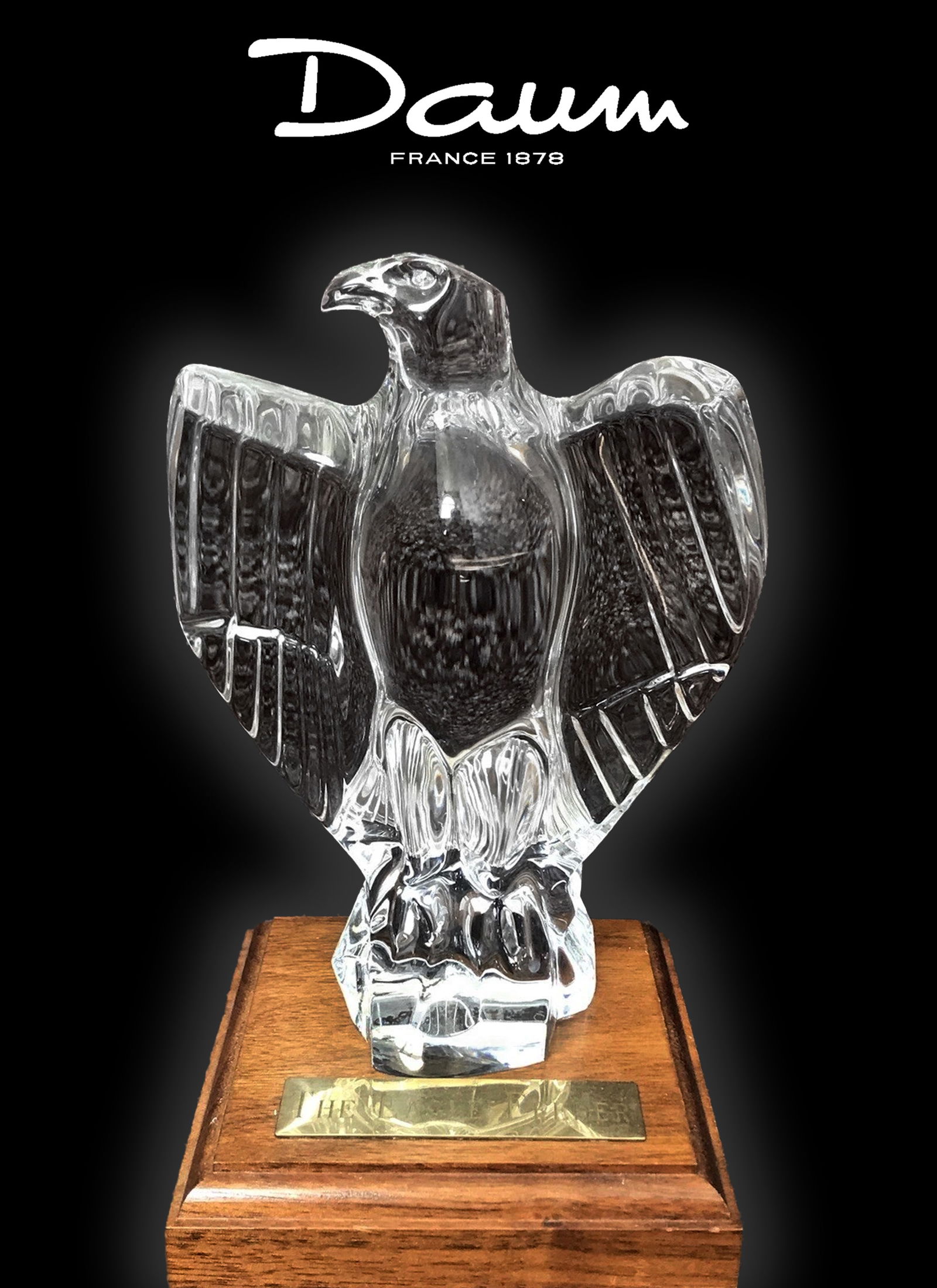 A Vintage BACCARAT Clear Crystal Stand Eagle Sculpture on A Wooden Base, Signed (1 of 10)