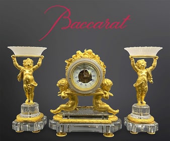 19th C. French Baccarat Crystal Bronze Figural Clock Set