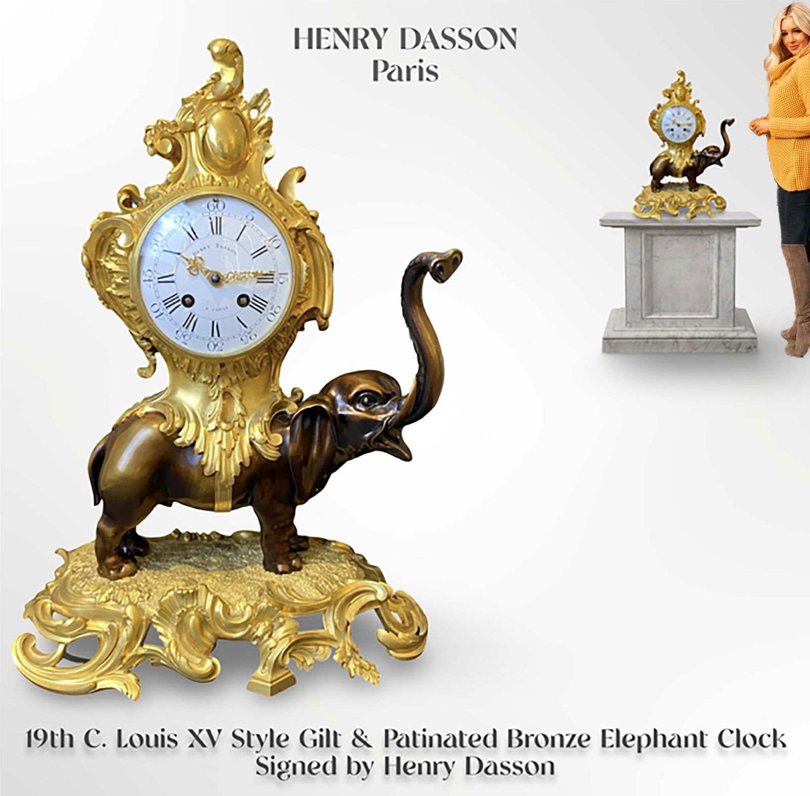 19th C. Henry Dasson Louis XV Style Gilt & Patinated Bronze Elephant Clock, Signed: 19th C. French Louis XV Style Gilt & Patinated Bronze Elephant Clock Signed by Henry Dasson. Note: The pedestal is NOT included! Measurements: H 18" x L 13.5" x W 7.75"