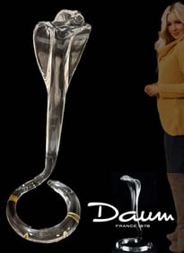A Vintage Large DAUM Clear Crystal Stand Cobra Snake Sculpture, Signed