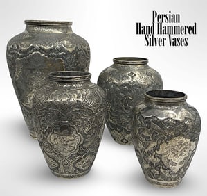 A Lot of 4 Persian Isfahan Hand Hammered-Engraved Silver Vases, Hallmarked