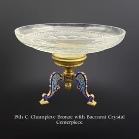 19th C. Baccarat Crystal & Champleve Enamel Bronze Centerpiece