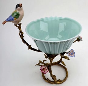 Bird on Twig Bronze & Porcelain Figural Planter