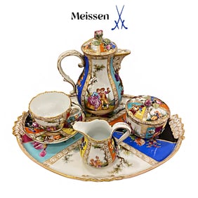 19th C. German Meissen Hand Painted Porcelain Tea Set, Hallmarked