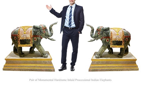 A Pair of Monumental Hardstone Inlaid Processional Indian Elephant Sculptures