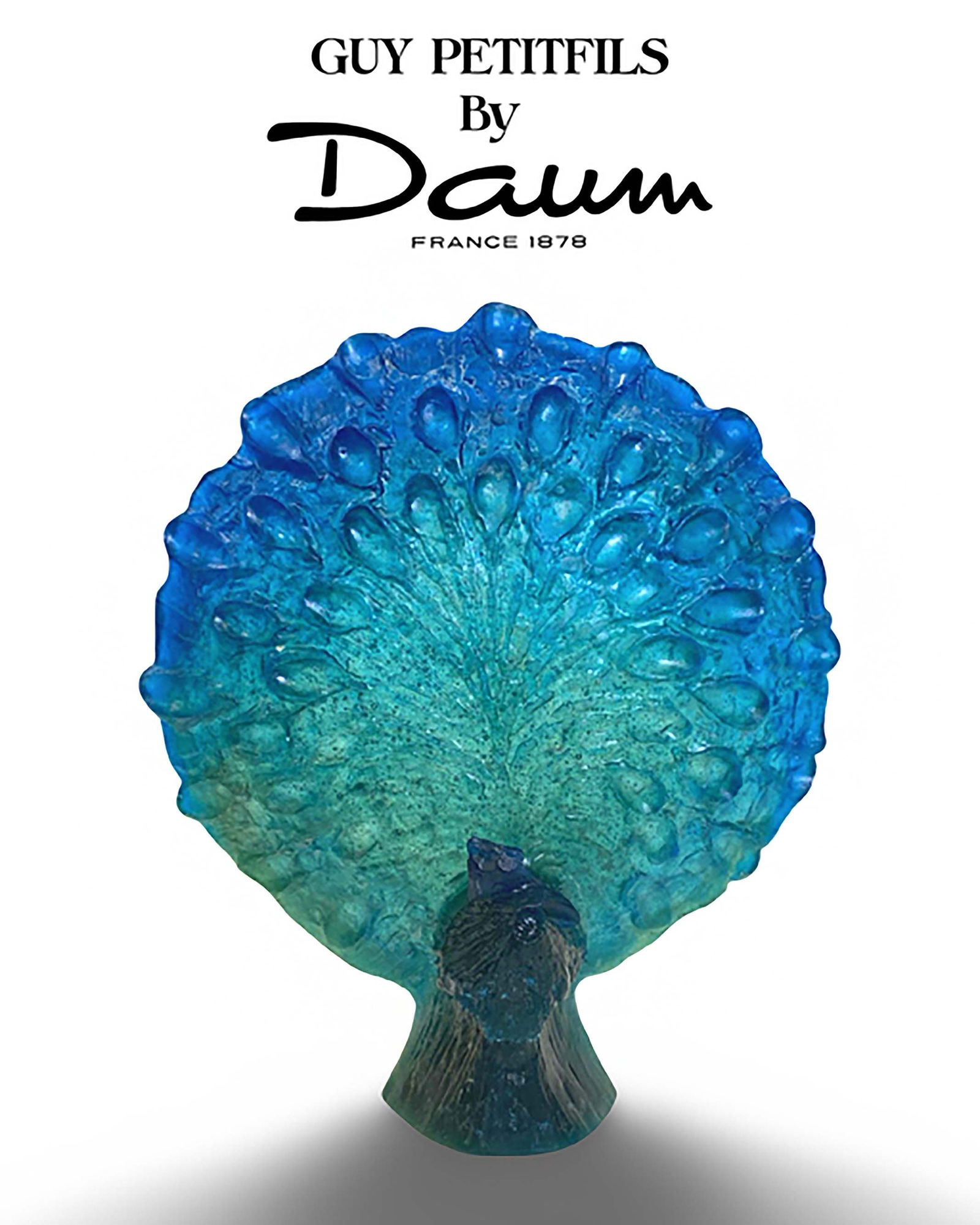 A Daum Nancy Pate-De-Verre Modern Art Glass Peacock Sculpture, Signed: A French Daum Nancy Pate-De-Verre Art Glass Peacock Statue, Signed by Guy Petitfils, Limited Edition Numbered (84/300). H 14", W 12.5"