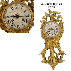 19th C. French Louis XV Figural Gilt Bronze Wall Clock, Hallmarked