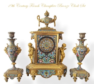 19th C. French Napoleon III Champleve Figural Gilt Bronze Clock Set