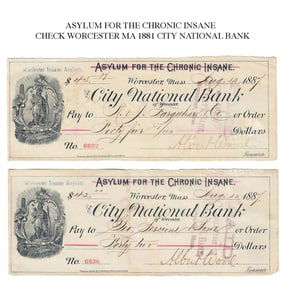 A SET OF TWO 19TH C. CITY NATIONAL BANK ASYLUMS CHECKS