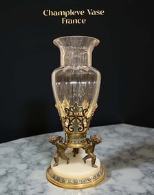 19th C. French Champleve Enamel Figural Bronze & Crystal Vase