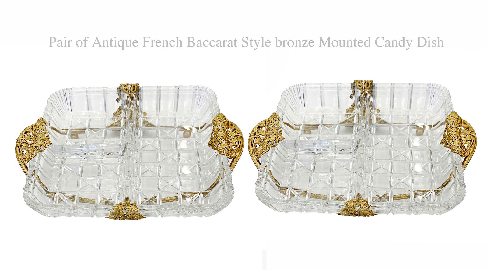 A Pair of French Baccarat Style Bronze Candy Dishes: A Pair of French Baccarat Style Bronze mounted Candy Dishes. 9" x 7.5" X H 1.5"
