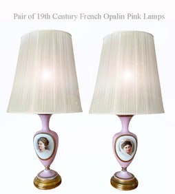 A Pair of 19th C. French Hand Painted Pink Opaline Lamps