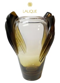 A Large French Lalique Art Glass Amber Heavy Crystal Marrakech Vase, Signed