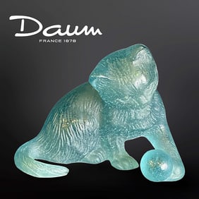 A French Daum Pate De Verre Art Glass Cat & Ball Figurine, Signed