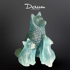 A French Daum Pate De Verre Art Glass Wolf & Pups Figurine Group, Signed
