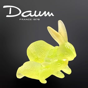 A French Daum Pate De Verre Art Glass Two Bunnies Figurine Group, Signed