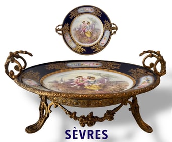 19th C. French Sevres Hand Painted Cobalt Porcelain Bronze Centerpiece/Tray
