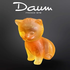 A French Daum Pate De Verre Art Glass Kitty Figurine, Signed