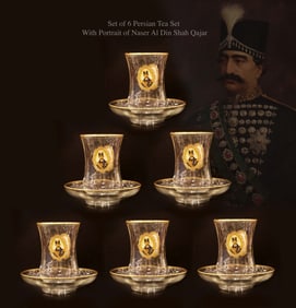 A Set of Six Persian Qajar King Portrait Glass Tea Set