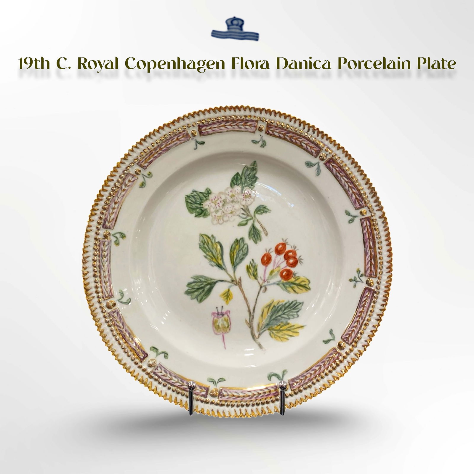 19th C. Royal Copenhagen Flora Danica Decorative Wall Plate, Signed: 19th C. Danish Royal Copenhagen Flora Danica Hand Painted Porcelain Decorative Wall Plate, Signed & Hallmarked. D 10"