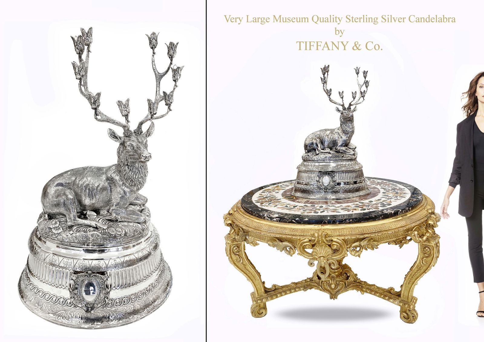 A Very Large Museum Quality Tiffany & Co. Sterling Silver Deer Figural Candelabra: A Very Large Museum Quality Tiffany & Co. Sterling Silver Deer Figural Candelabra. Hallmarked, Note: The base is NOT included. H 32" x 23" x 15" x