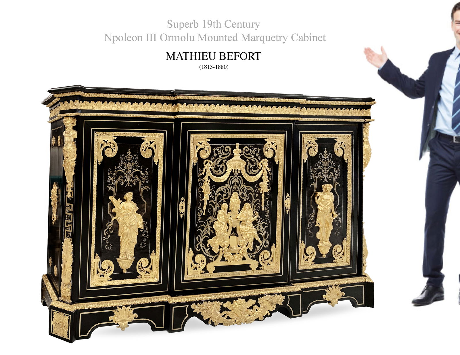 19th C. NAPOLEON III STYLE BRONZE & BRASS TORTOISESHELL BOULLE & EBONY SIDE-CABINET: 19th C. NAPOLEON III ORMOLU-MOUNTED CUT BRASS-INLAID TORTOISESHELL BOULLE & EBONY SIDE-CABINET OF LOUIS XIV STYLE, BY MATHIEU BEFORT, DIT BEFORT JEUNE, PARIS, MID-19TH CENTURY. stamped: "BEFORT JEUNE"