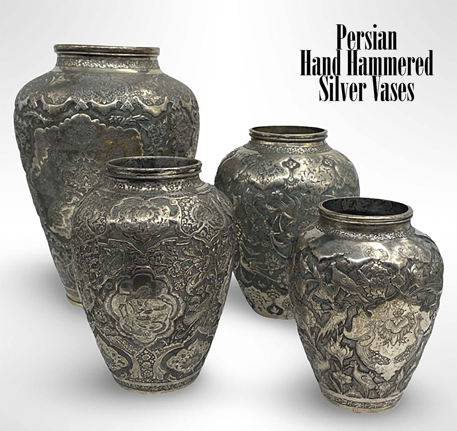 A Lot of 4 Persian Isfahan Hand Hammered-Engraved Silver Vases, Hallmarked (1 of 13)