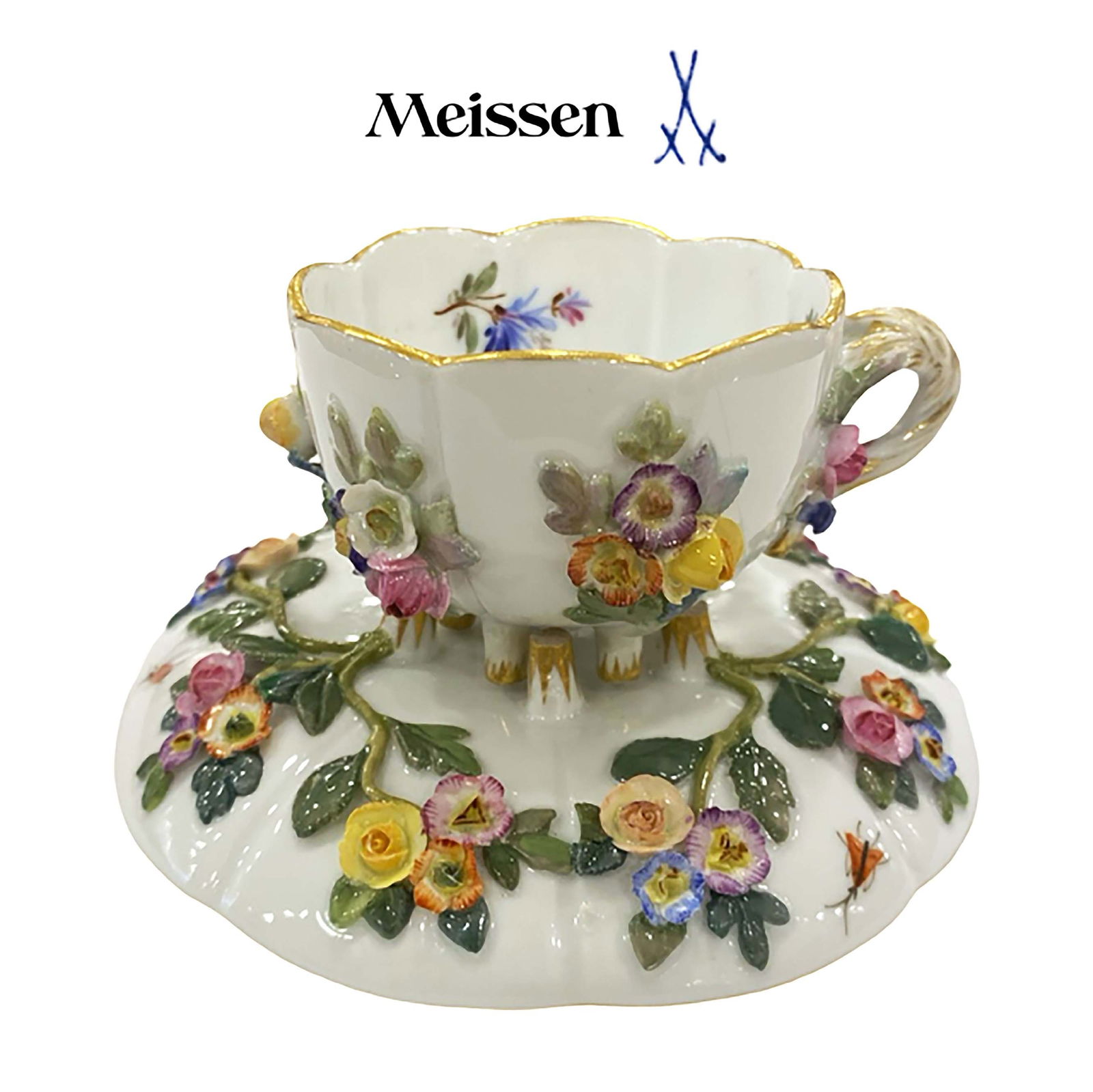 19th C. German Meissen Hand Painted Porcelain Cup & Saucer, Hallmarked (1 of 8)