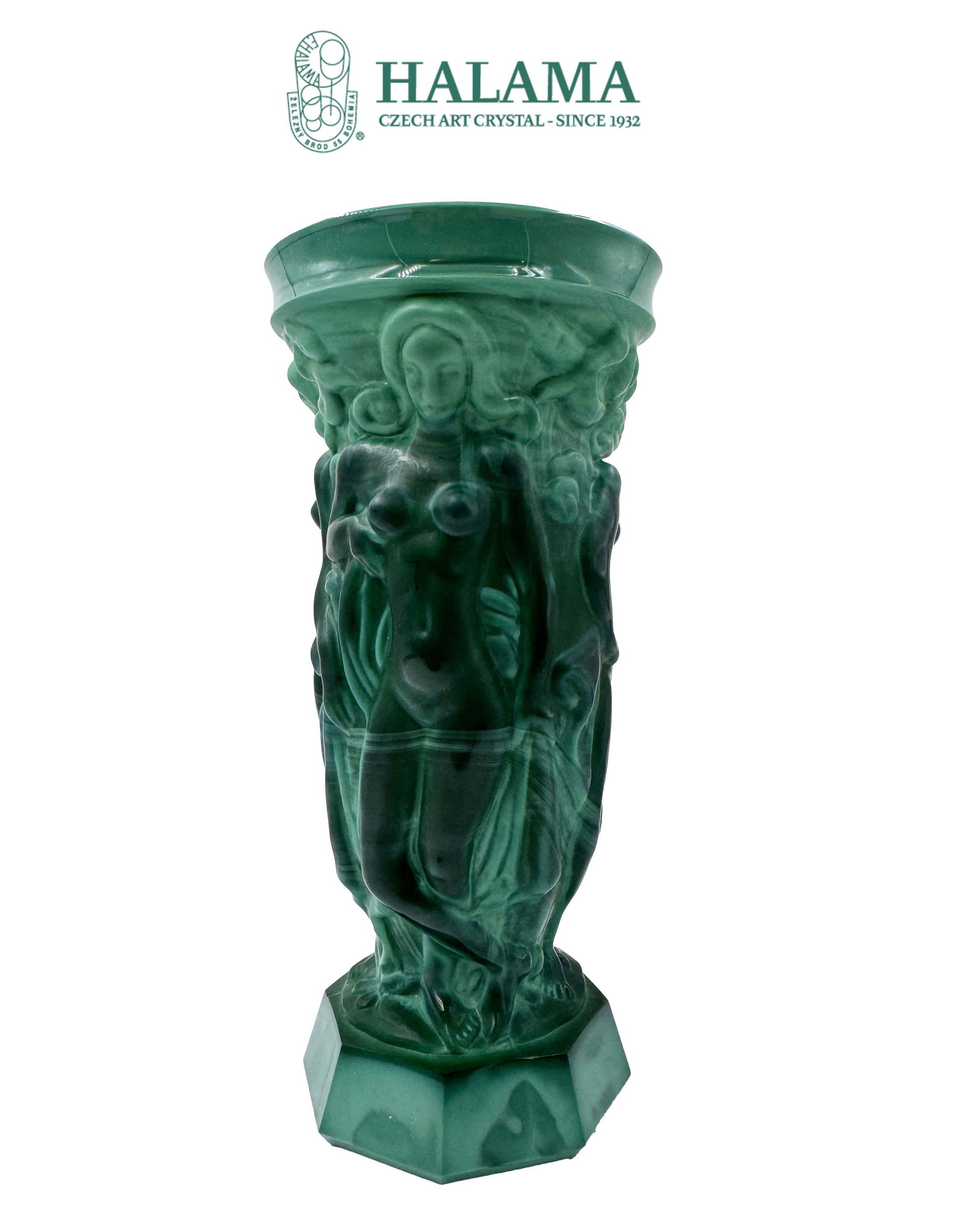 A Vintage Bohemian Frantisek Halama Three Graces Malachite Art Glass Vase W/ Box (1 of 10)