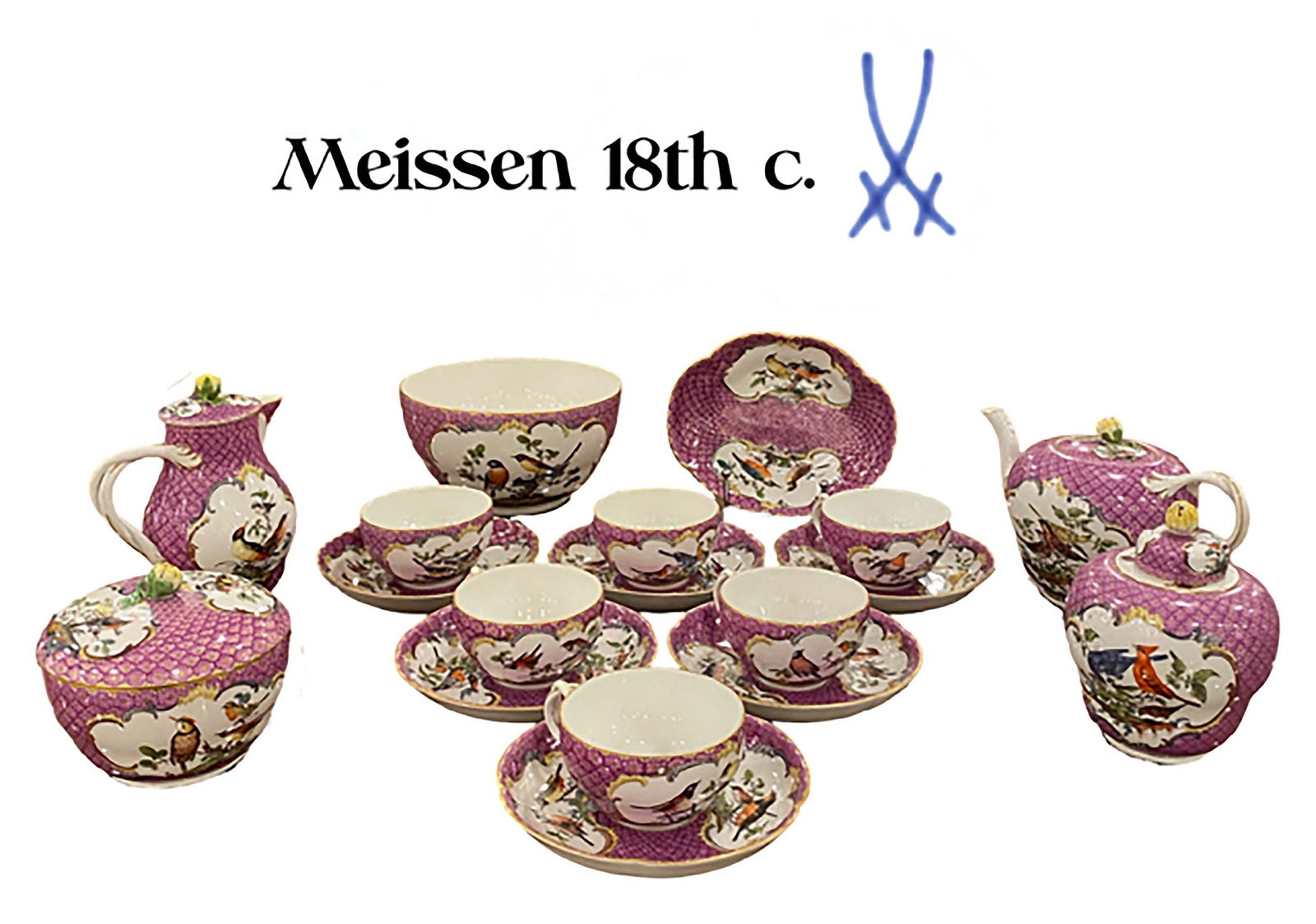 18th C. German Meissen Hand Painted Porcelain Tea Set, Hallmarked: 18th Century German Meissen Hand Painted Porcelain Tea Set, Hallmarked. Bowl Measurement: W 6.25" x H 3.5"