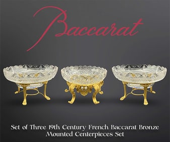 A Set of Three 19th Century French Baccarat Crystal Bronze Centerpieces