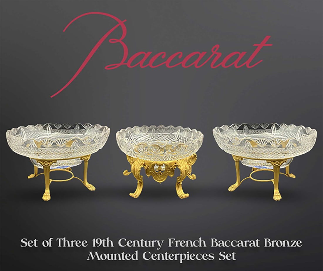 A Set of Three 19th Century French Baccarat Crystal Bronze Centerpieces: A Set of Three 19th Century French Baccarat Crystal Bronze Centerpieces. Centerpiece: H 6.25" x D 10", Pair of oval Dishes: H 7.15" x L 12.75" x W 9.4"
